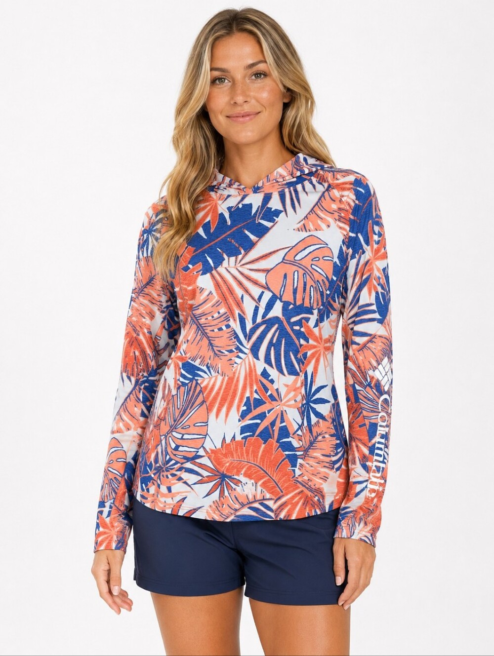 Columbia Hooded Sun Shirt Large Tropical Print Long Sleeve UPF